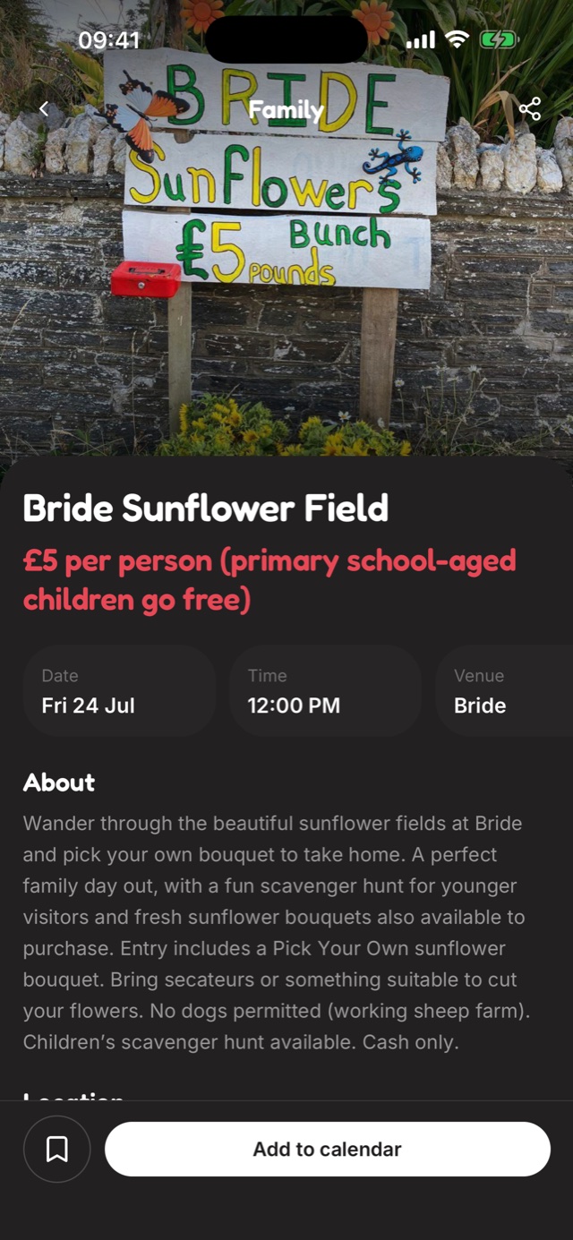 Event page — Bride Sunflower Field, with date, venue and add to calendar